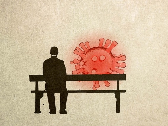 Illustration of man on bench with COVID-19 virus