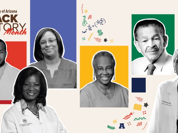 Among UArizona Health Sciences’ first Black faculty in their college, department, division or role are (from left) Nafis Shamsid-Deen, MD, FCCP; Victoria Murrain, DO; Jocelyn Nelms, MS, NEd, RN; Sheila Hill Parker, DrPH, MPH, MS; James C. Dunn, Sr., MD; and Marie Chisholm-Burns, PharmD, PhD, MPH, MBA.