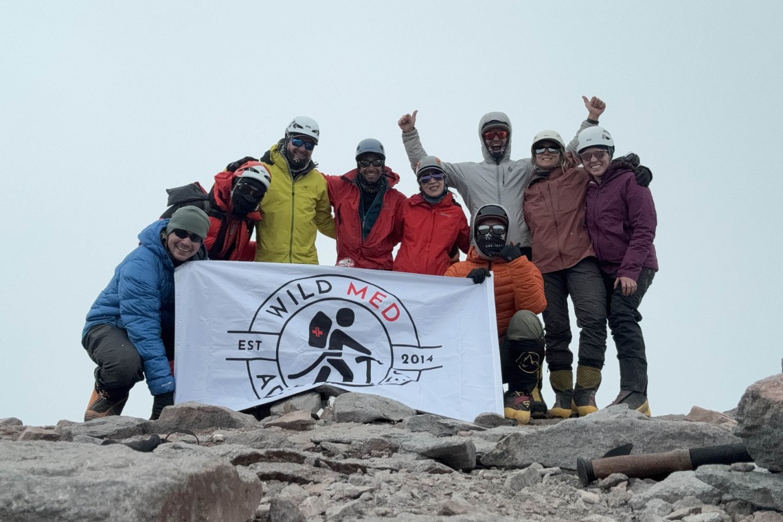 Nine people stand in front of a banner reading “Wild Med” at the top of Aconcagua.