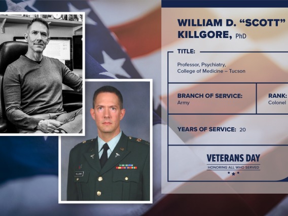 Poster with two photos of William D. "Scott" Killgore, one current and one of him in uniform. Text on image has his name and this information: "Professor, Psychiatry, College of Medicine – Tucson. Branch of Service: Army; Rank: Colonel; years of Service: 20."