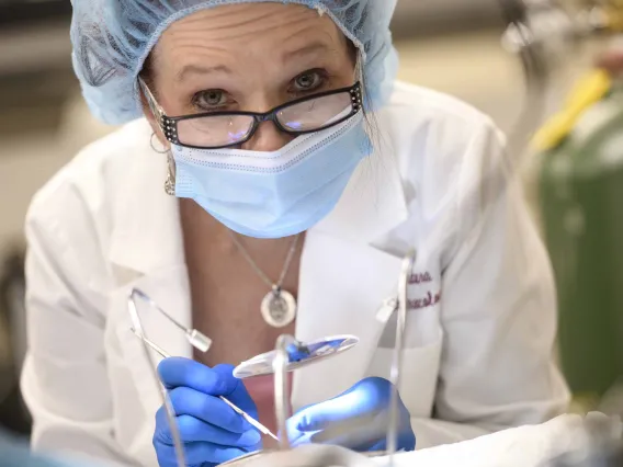 A woman in a science laboratory, wearing a lab coat, gloves, a face mask and hair covering, works on an experiment with lab tools and lights.