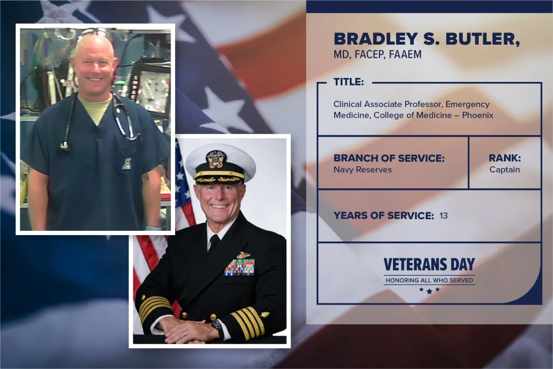 Poster with two photos of Bradley S. Butler, one current and one of him in uniform. Text on image has his name and this information: "Clinical associate professor, Emergency Medicine, College of Medicine – Phoenix. Branch of Service: Navy Reserves; Rank: Captain; years of service: 13."