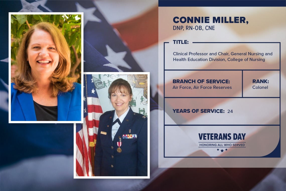 Poster with two photos of Connie Miller, one current and one of her in uniform. Text on image has her name and this information: "Clinical professor and chair, General Nursing and Health Education Division, College of Nursing. Branch of Service: Air Force, Air Forcee Reserves; Rank: Colonel; years of Service: 24."