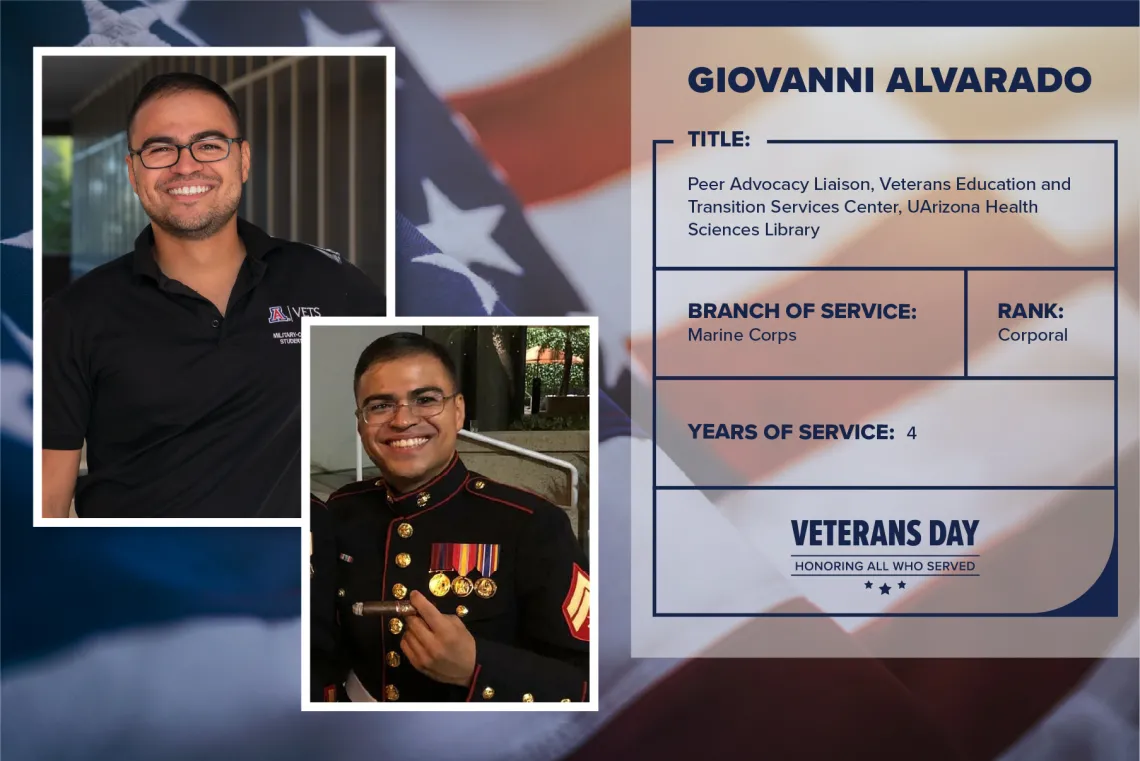 Poster with two photos of Giovanni Alvarado, one current and one of him in uniform. Text on image has his name and this information: "Peer Advocacy Liason, Veterans Education and Transition Services Center, UArizona Health Sciences Library. Branch of Service: Marine Corps; Rank: Corporal; years of Service: 4."