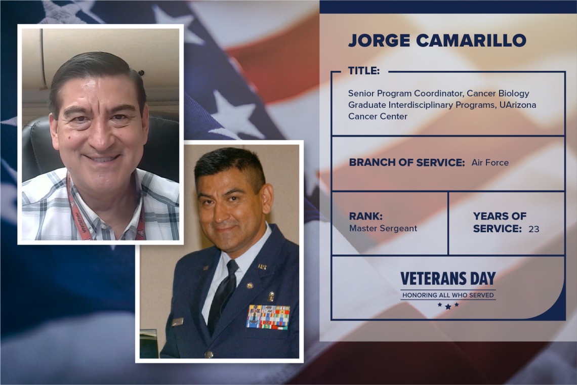 Poster with two photos of Jorge Camarillo, one current and one of him in uniform. Text on image has his name and this information: "Senior program coordinator, Cancer Biology Graduate Interdisciplinary Programs, UArizona Cancer Center. Branch of Service: Air Force; Rank: Master Sergeant; years of Service: 23."