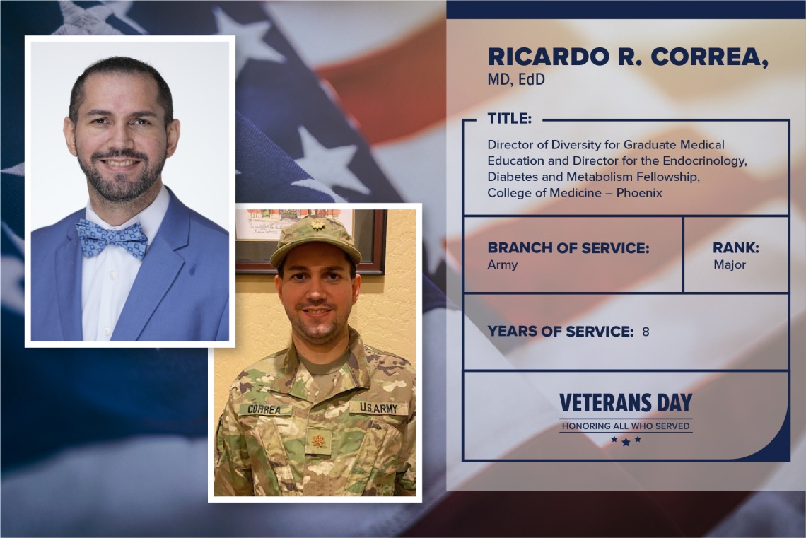 Poster with two photos of Ricardo R. Correa, one current and one of him in uniform. Text on image has his name and this information: "Director of Diversity for graduate medical education and director for the Endocrinology, Diabetes and Metabolism Fellowship, College of Medicine – Phoenix. Branch of Service: Army; Rank: Major; years of Service: 6."