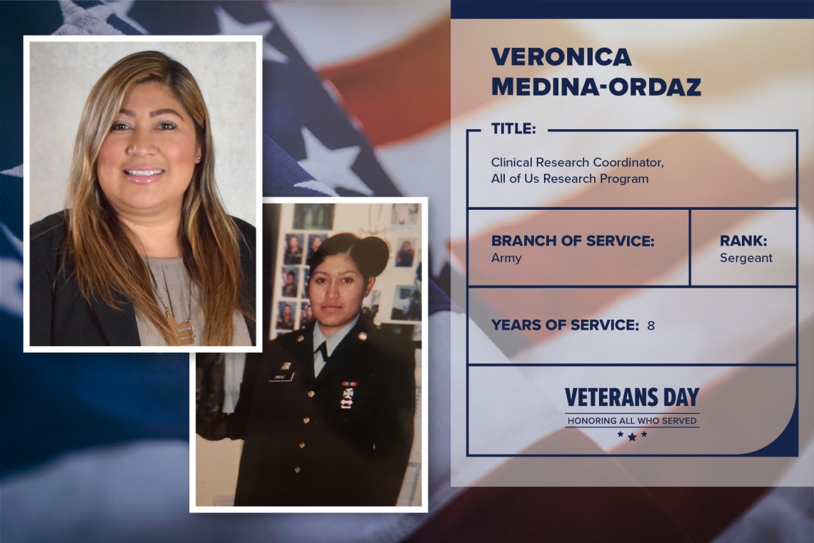Poster with two photos of Veronica Medina-Ordaz, one current and one of her in uniform. Text on image has her name and this information: "Clinical research coordinator, All of Us Research Program. Branch of Service: Army; Rank: Sergeant; years of Service: 8."