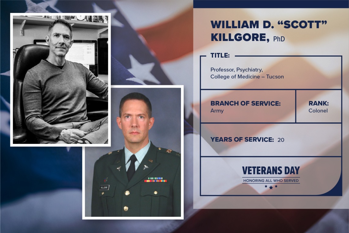 Poster with two photos of William D. "Scott" Killgore, one current and one of him in uniform. Text on image has his name and this information: "Professor, Psychiatry, College of Medicine – Tucson. Branch of Service: Army; Rank: Colonel; years of Service: 20."