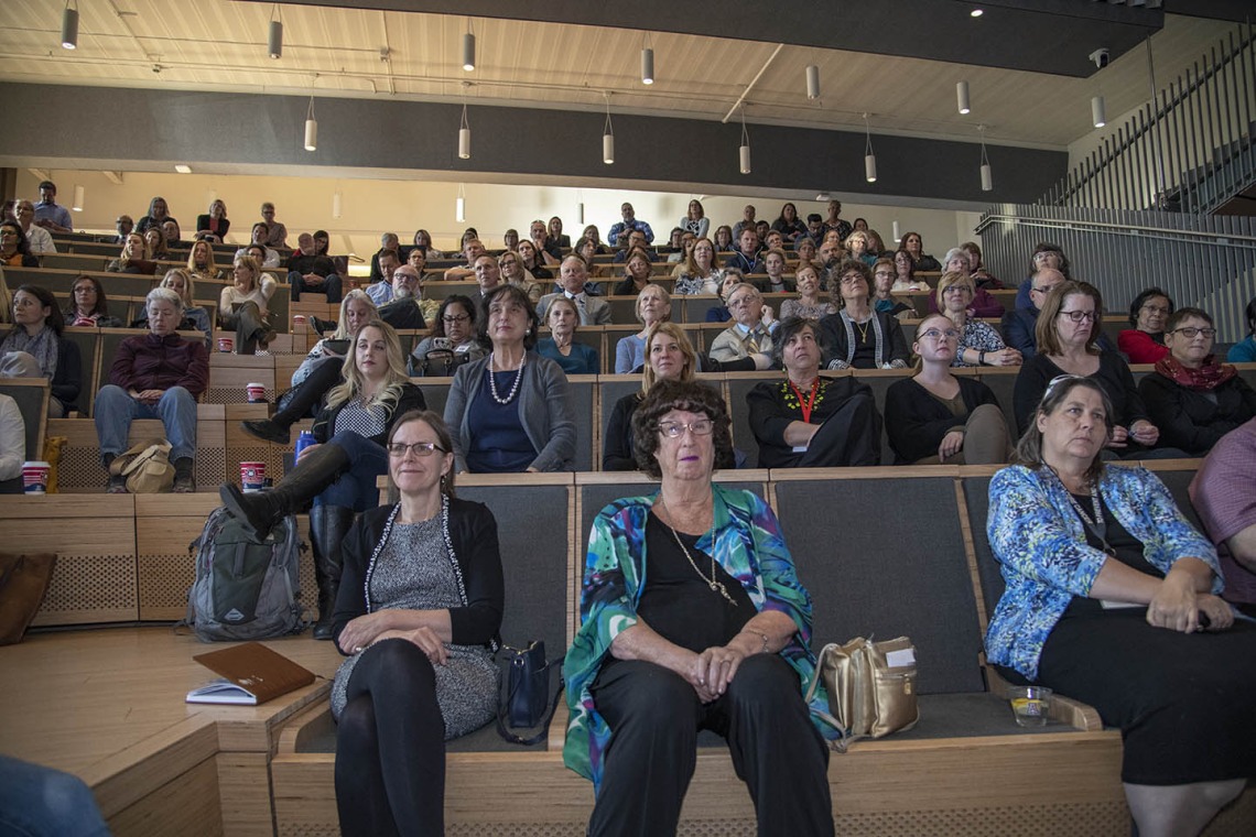 The audience packed the Forum of the Health Sciences Innovation Building for the town hall event in Tucson, Jan. 28, 2020.