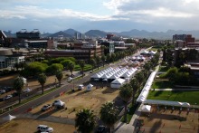 Aerial view of the University of Arizona COVID-19 vaccination Point of Distribution site in 2021